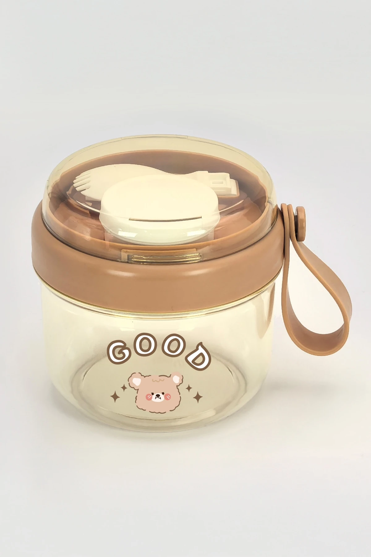Miniso Lisanslı Tutacaklı Çizgi Karakterli Salata Kasesi – Sos Kaplı ve Çatal Bıçak Takımlı Sızdırmaz Kap 650 mL (Kahverengi)
