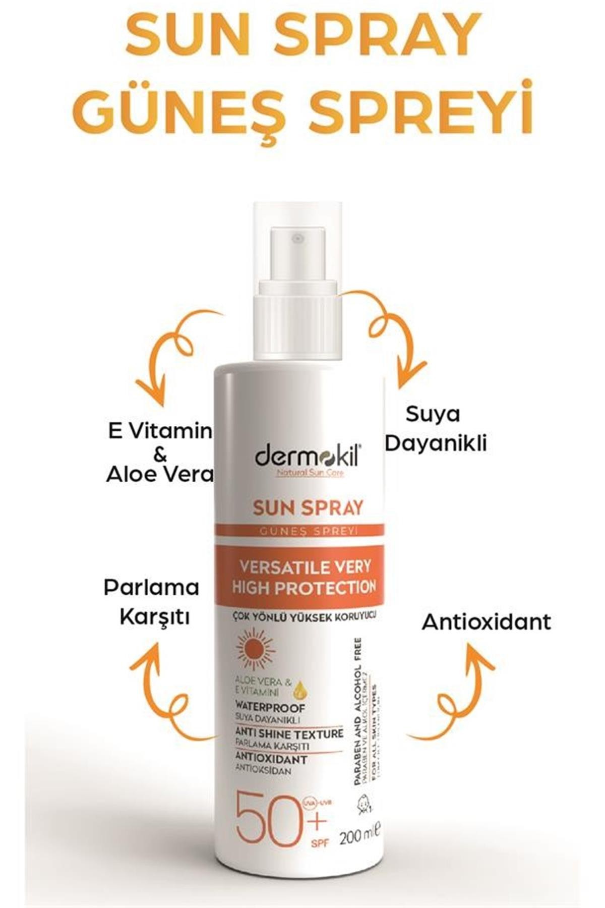 Dermokil Sun Sprey-Çok Yönlü Yüksek Koruyucu Güneş Spreyi 50 Spf 200 Ml