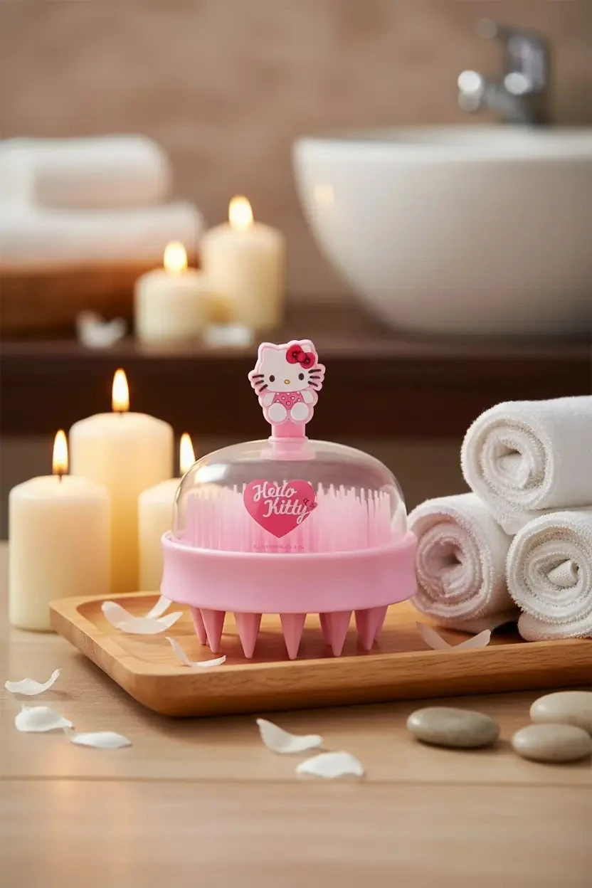 Sanrio Lisanslı Hello Kitty Pembe Serisi Masaj Aleti Şampuan Fırçası – Esnek Silikon Uçlu 9.3 Cm