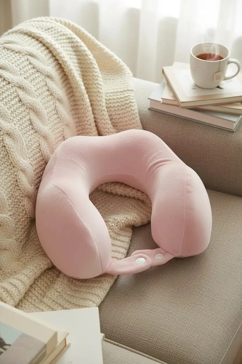 Ergonomik Şekilli Hafızalı Süngerli Kadife Boyun Yastığı,Seyahat Yastığı - Pembe