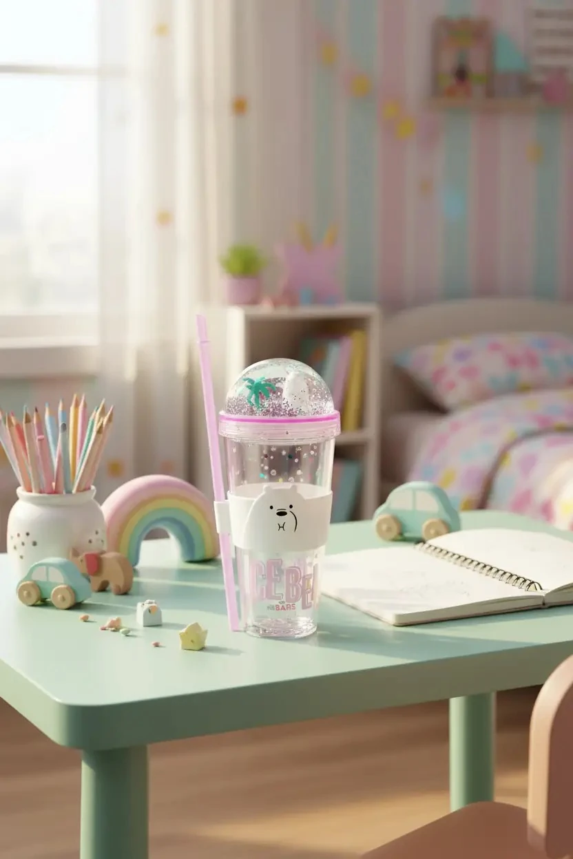 We Bare Bears Lisanslı Pipetli ve Kapaklı Simli Plastik Suluk