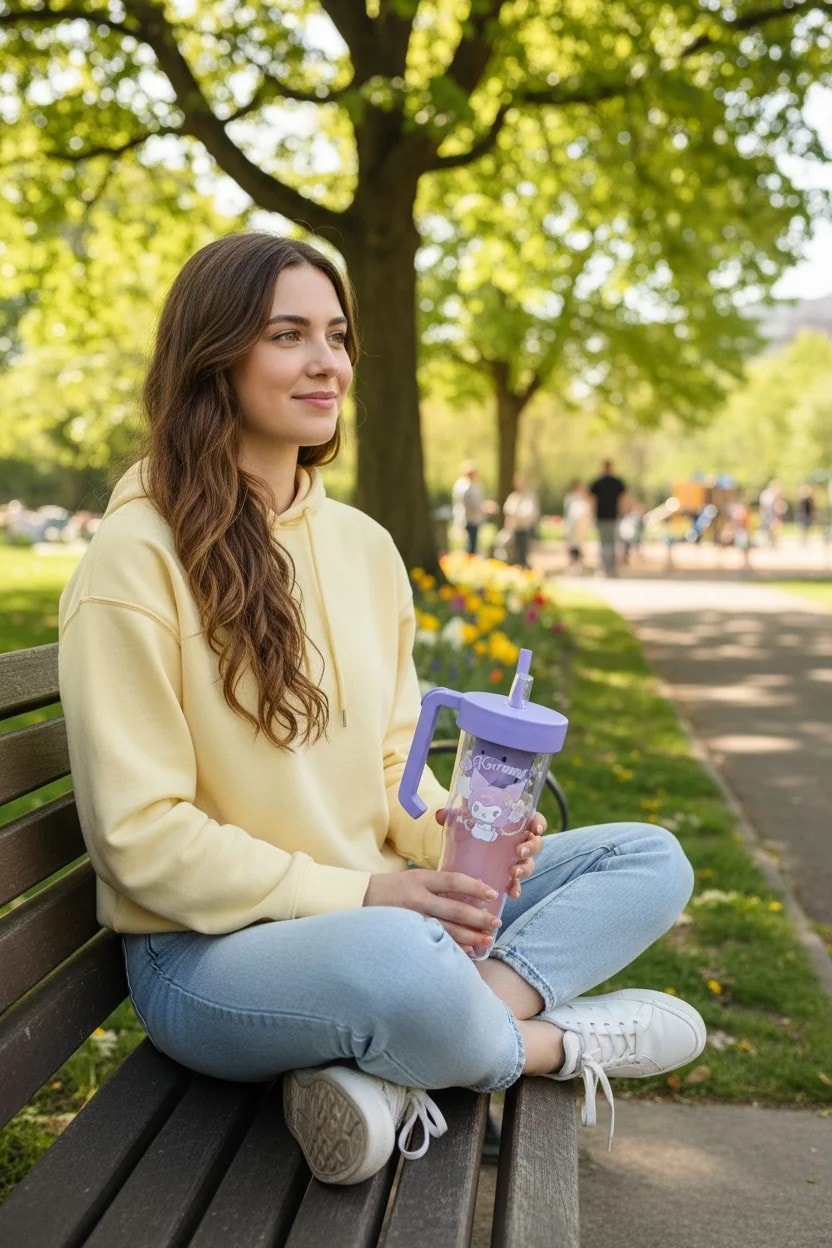 Sanrio Lisanslı  Kuromi  Çiçek Dili Serisi Saplı ve Pipetli Plastik Şişe 1250mL