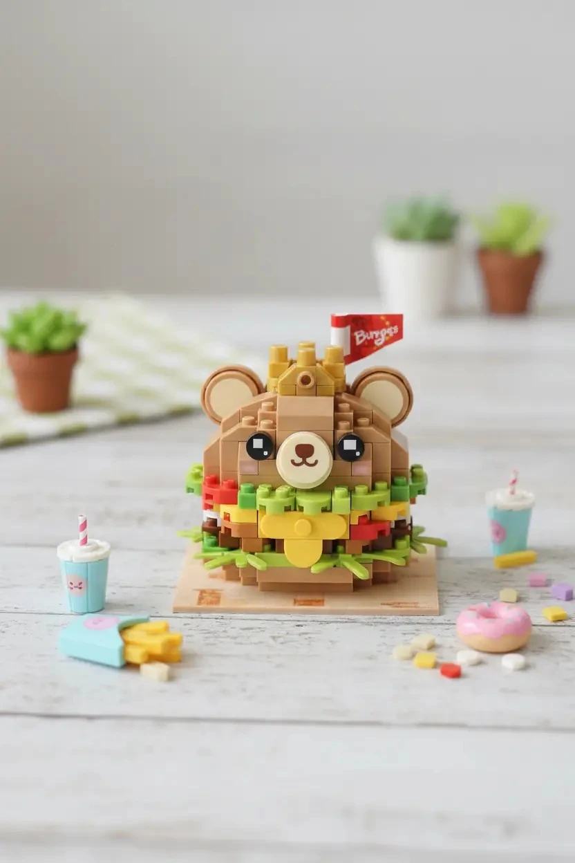 Miniso Lisanslı Yemek Serisi Oyun Bloğu Ayı Figürlü Hamburger – Eğitici ve Dekoratif Oyuncak Seti