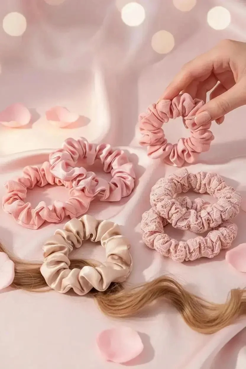Miniso Lisanslı 5'li Kumaş Saç Lastiği Seti Pembe – Saçta İz Bırakmayan Yumuşak Dokulu Toka Seti 9 Cm