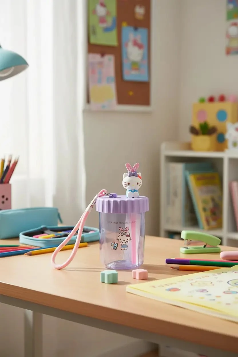 Sanrio Lisanslı Hello Kitty  Pipetli ve Askılı Plastik Şişe (520mL)