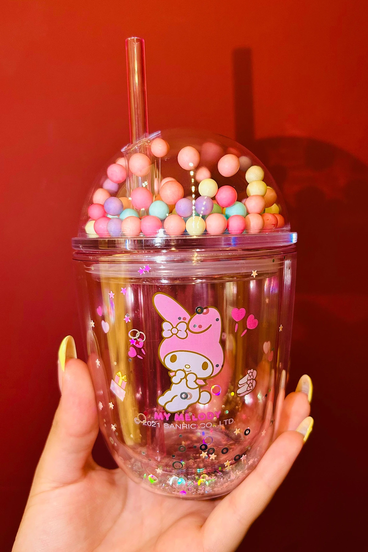 Sanrio Lisanslı Boncuklu Kapaklı Pipetli Plastik Şişe (435Ml) - My Melody (Outlet)