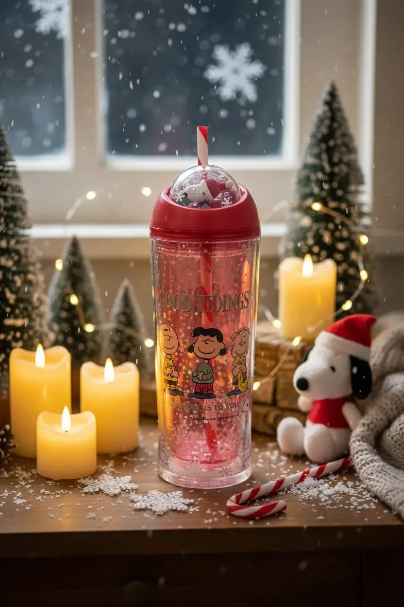 Snoopy Lisanslı Kırmızı Yılbaşı Koleksiyonu Pipetli ve Dönen Toplu Şişe – Eğlenceli Su Matarası