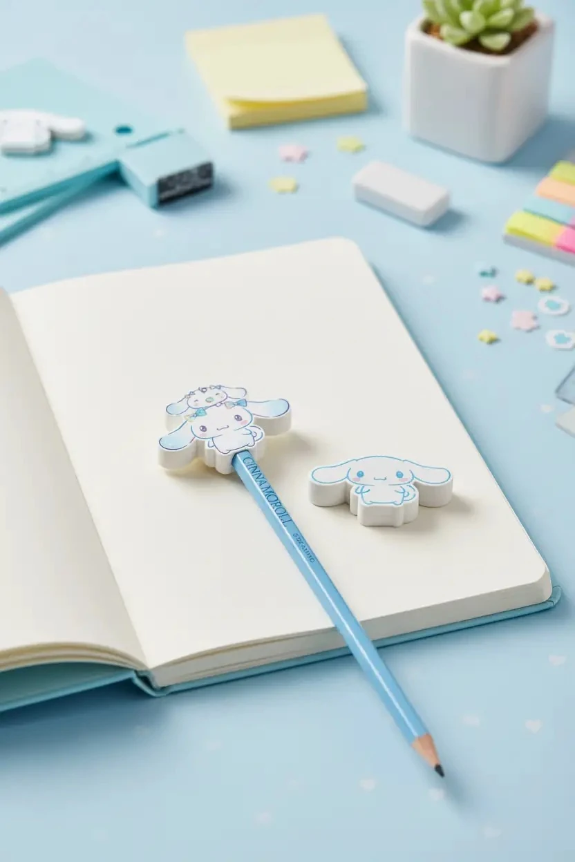 Sanrio Lisanslı Cinnamoroll Kalem ve Silgi Seti – Sevimli Okul ve Ofis Aksesuarı 19 Cm