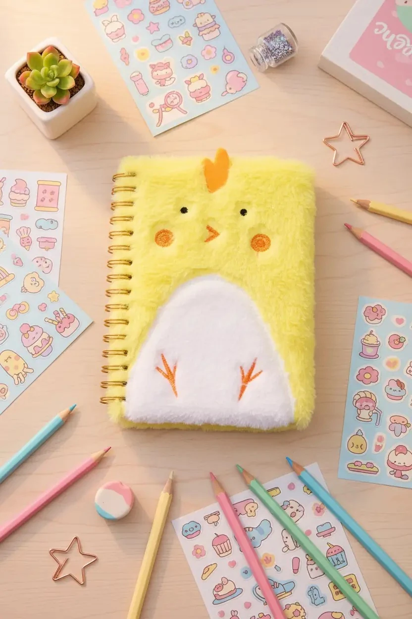 Miniso Lisanslı Sevimli Tavuk Figürlü 80 Yaprak Çizgili A5 Peluş Defter