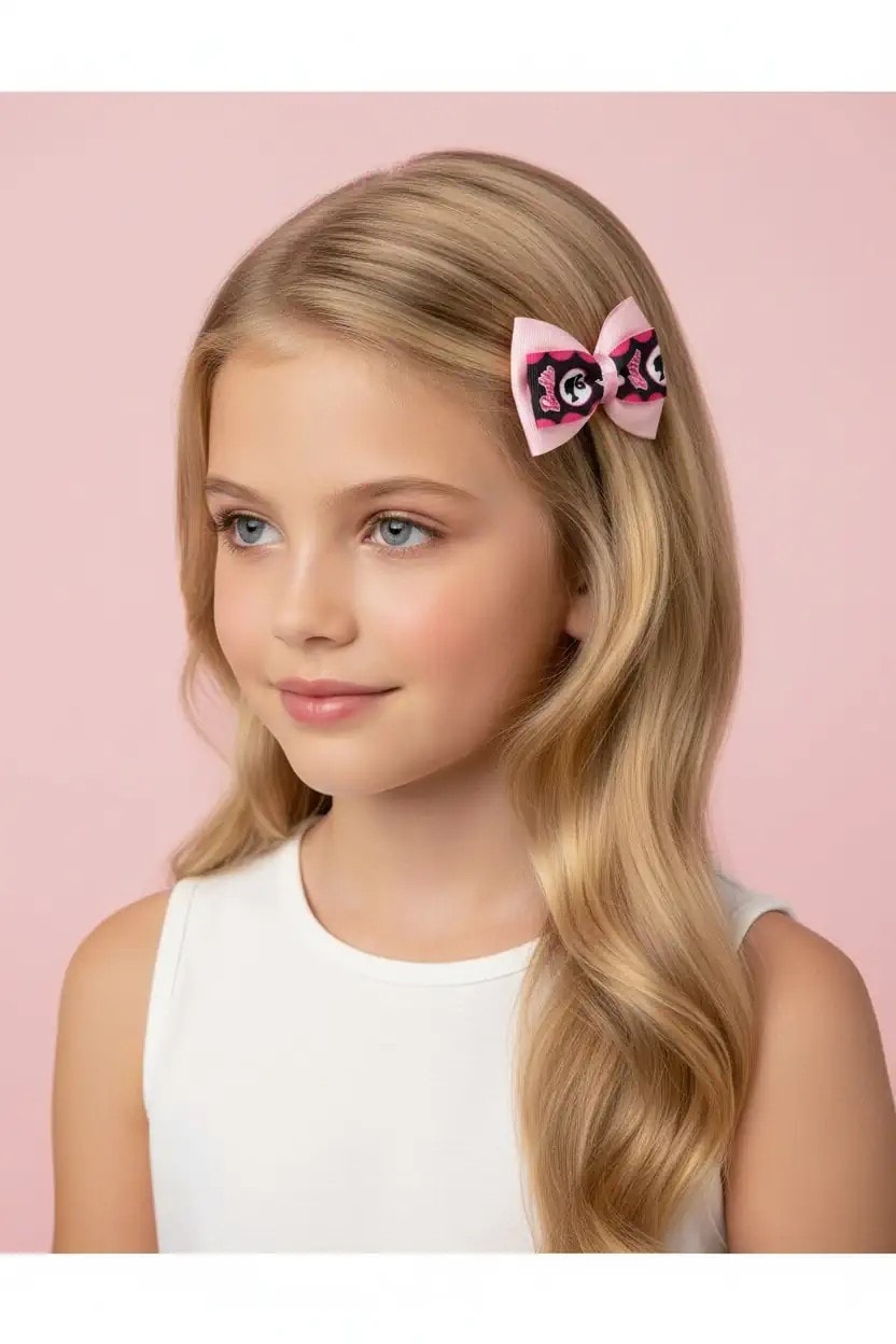 Barbie Lisanslı Siyah-Pembe İkili Fiyonklu Saç Tokası Seti