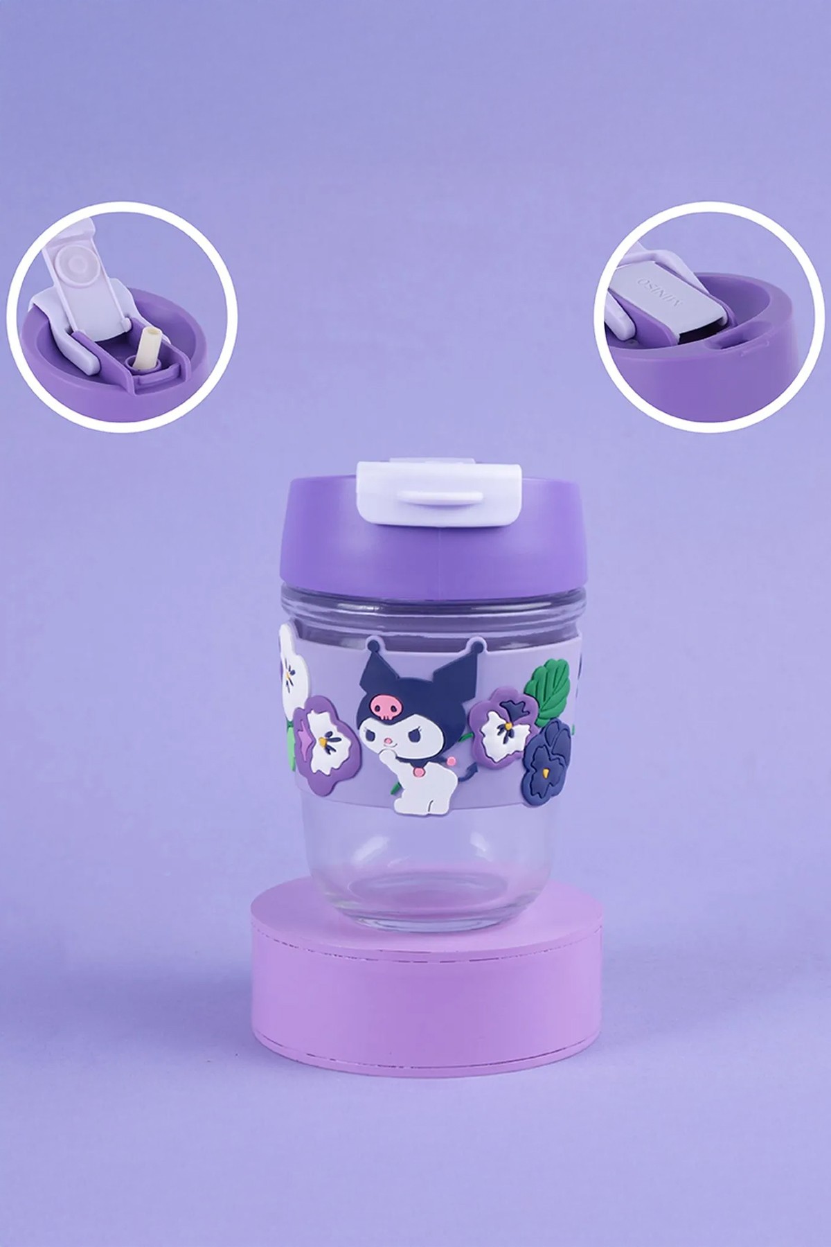 Sanrio Lisanslı Pipetli Mini Cam Şişe (350ml) - Kuromi