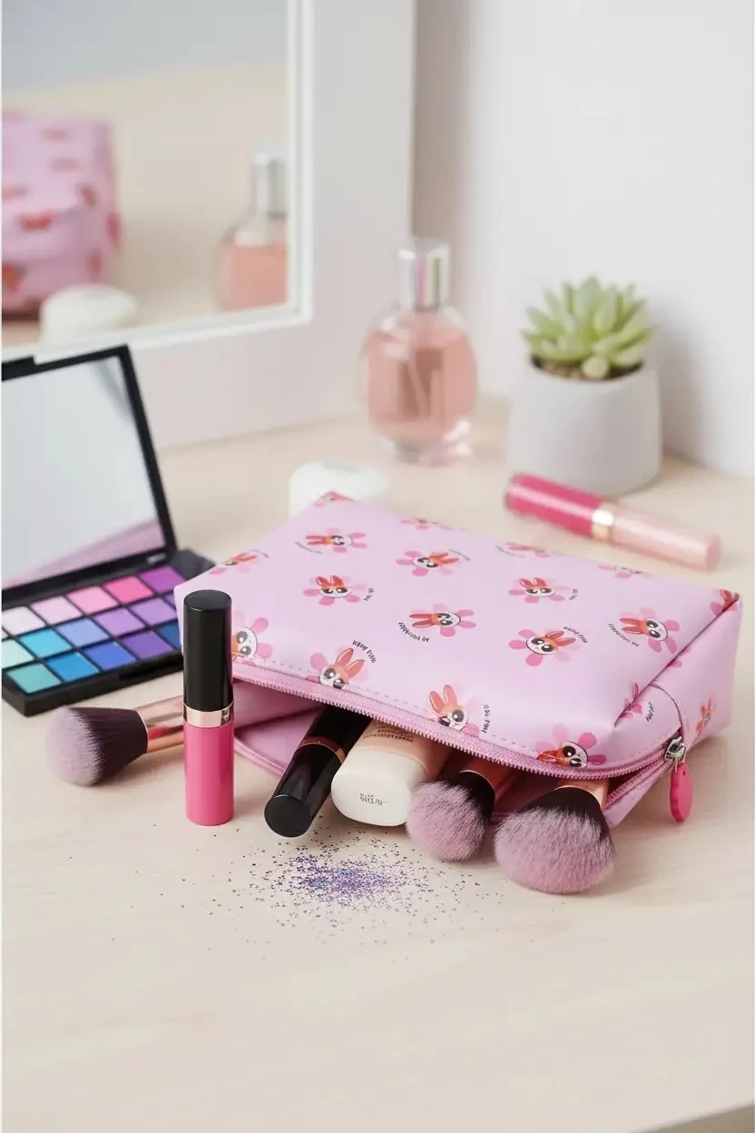 Powerpuff Girls Lisanslı Pembe Desenli Kozmetik Çantası – Yumuşak Formlu 20 Cm