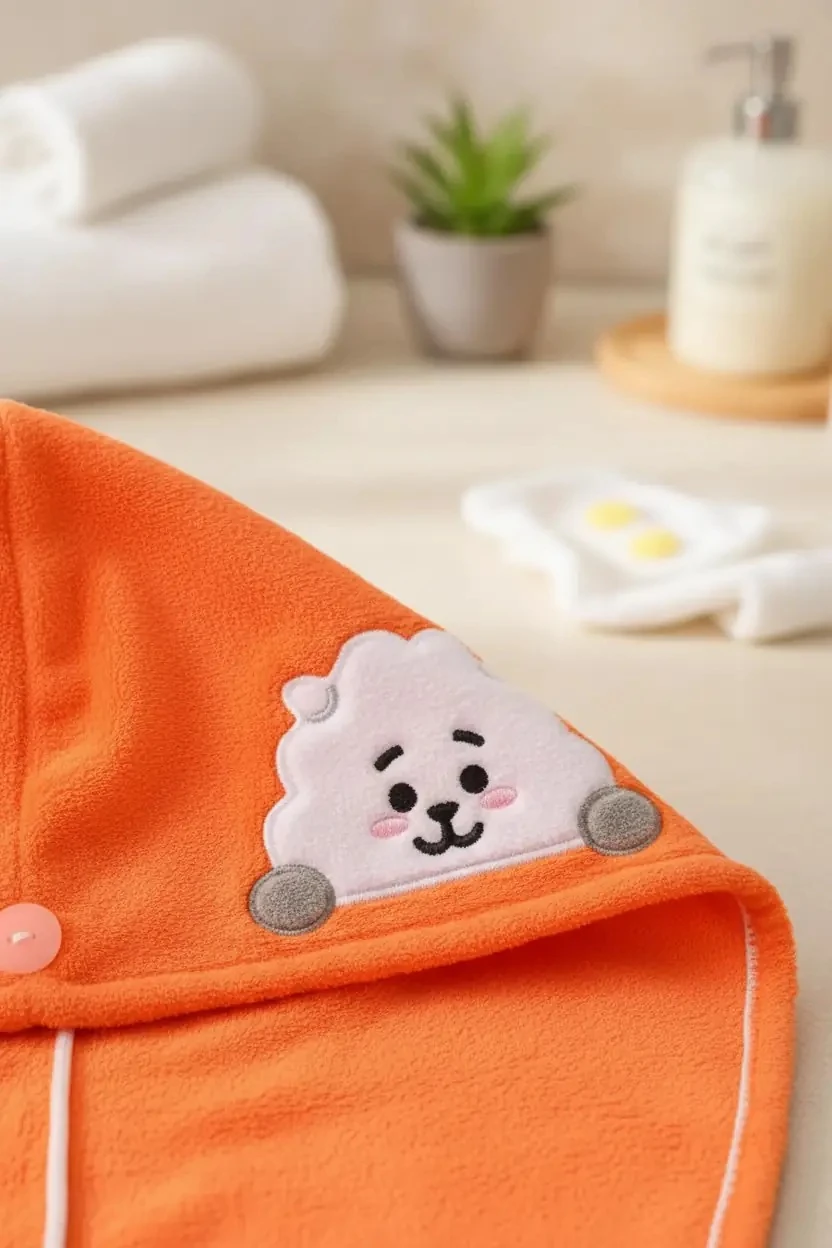 BT21 Lisanslı Düğmeli Ultra Emici Mikrofiber Saç Kurutma Havlusu RJ 13 cm