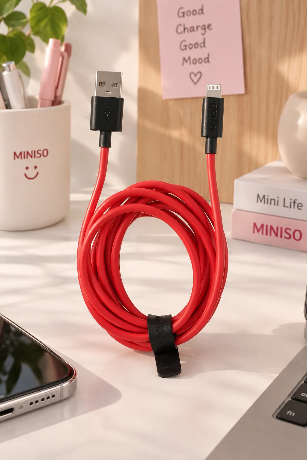 Miniso Lisanslı iPhone Hızlı Şarj ve Veri Kablosu – Dayanıklı TPE Kaplama ve Hareket Özgürlüğü Kırmızı 2M
