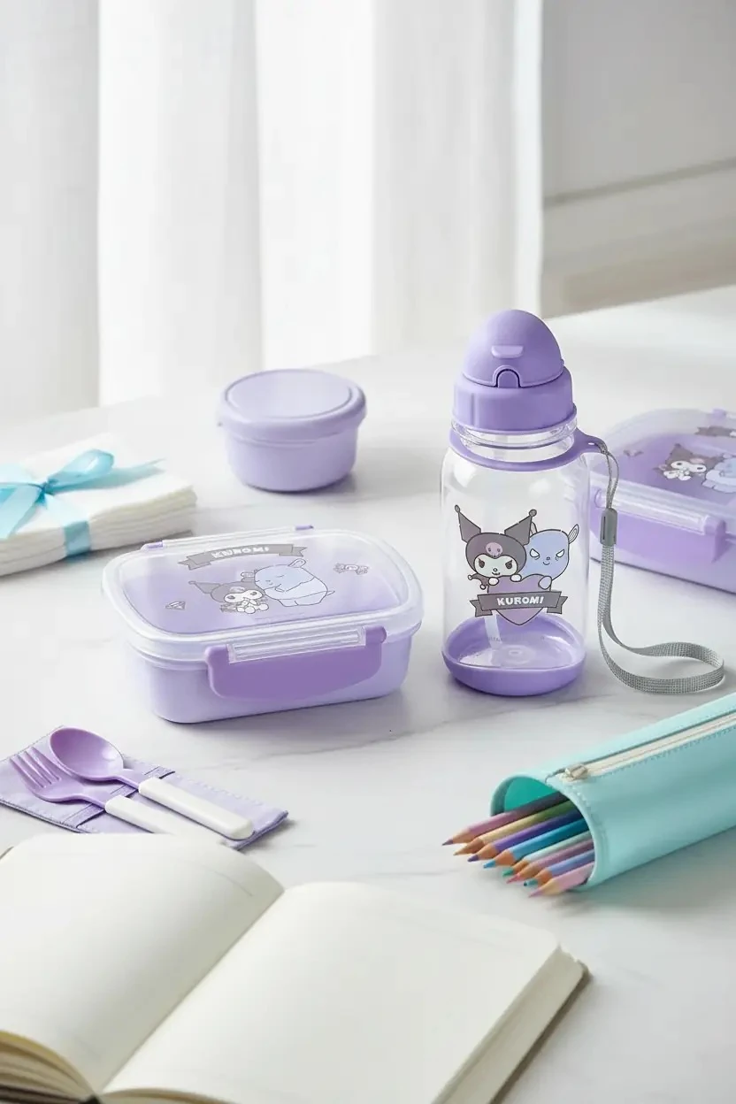Sanrio Lisanslı Plastik Yemek Kabı ve Suluk Seti - Kuromi