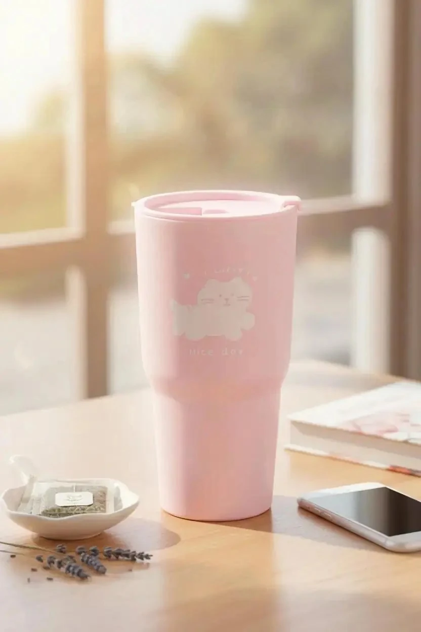 Miniso Lisanslı Hayvan Serisi Kapaklı Plastik Bardak Pembe 800 Ml