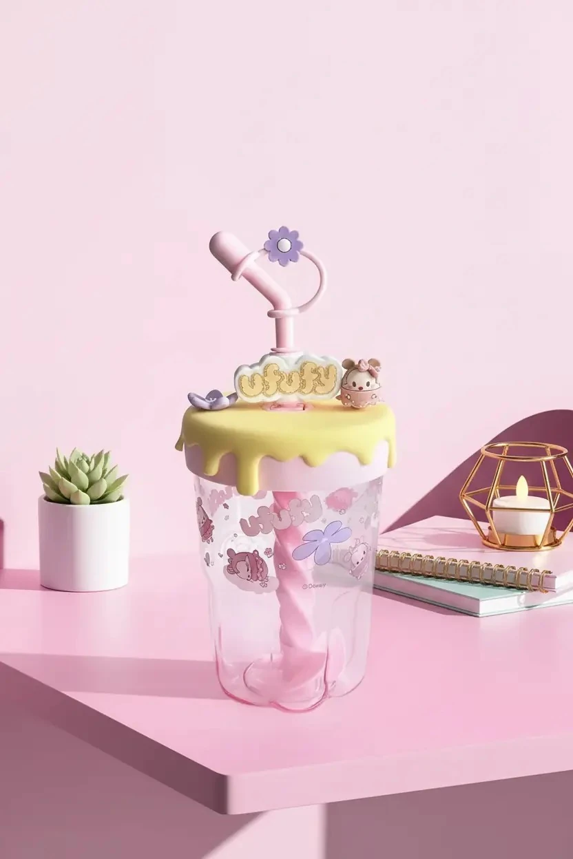 Disney Ufufy Lisanslı Pipetli Bardak Pembe – 560 ml Dekoratif Kapaklı Şeffaf ve Dayanıklı PCTG Matara