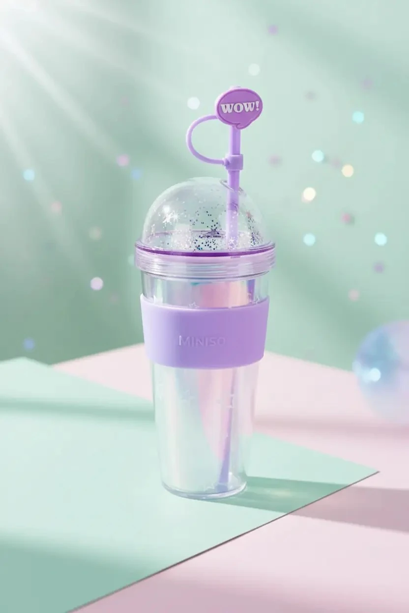 Miniso Lisanslı Holografik Seri Pipetli Çift Cidarlı Yıldız Desenli Plastik Şişe 420 ml