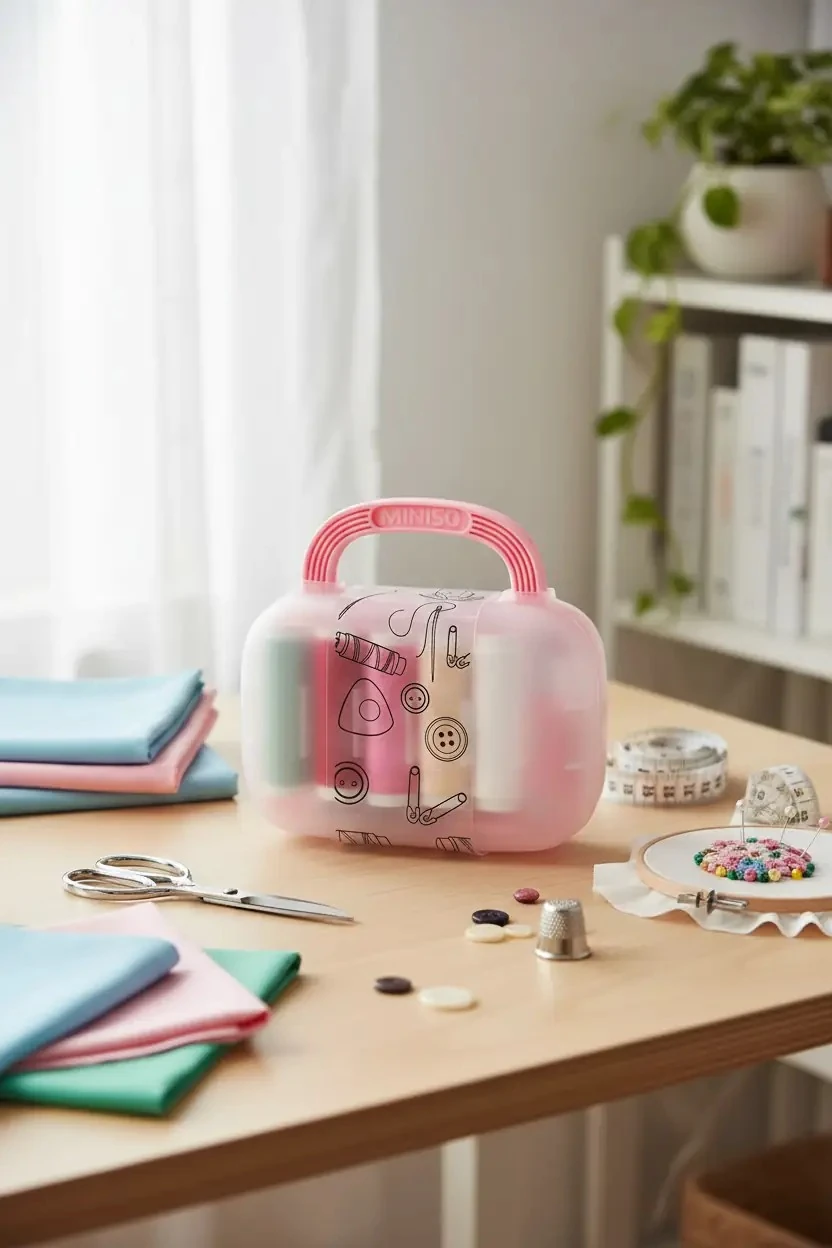Miniso Lisanslı Mini Dikiş Kutusu Pembe – Seyahat Tipi Taşınabilir Pratik Onarım Seti 12 Cm