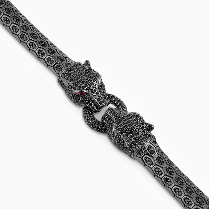 Panher Head Design Silver Bracelet with Full Black Zircon Diamonds