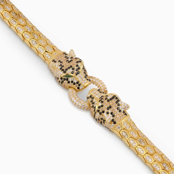 Panther Head Design Silver Bracelet with Gold Plated Zircon Diamonds 