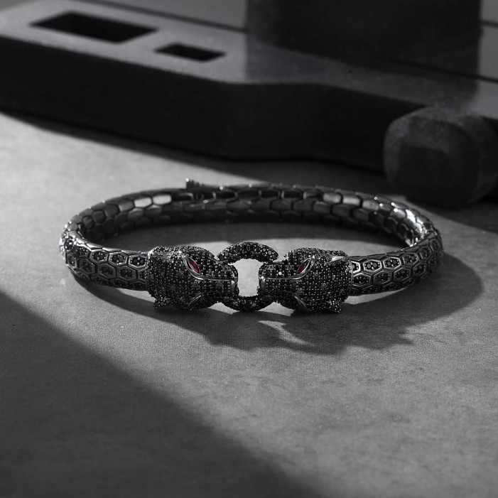 Panher Head Design Silver Bracelet with Full Black Zircon Diamonds