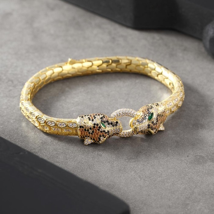 Panther Head Design Silver Bracelet with Gold Plated Zircon Diamonds 