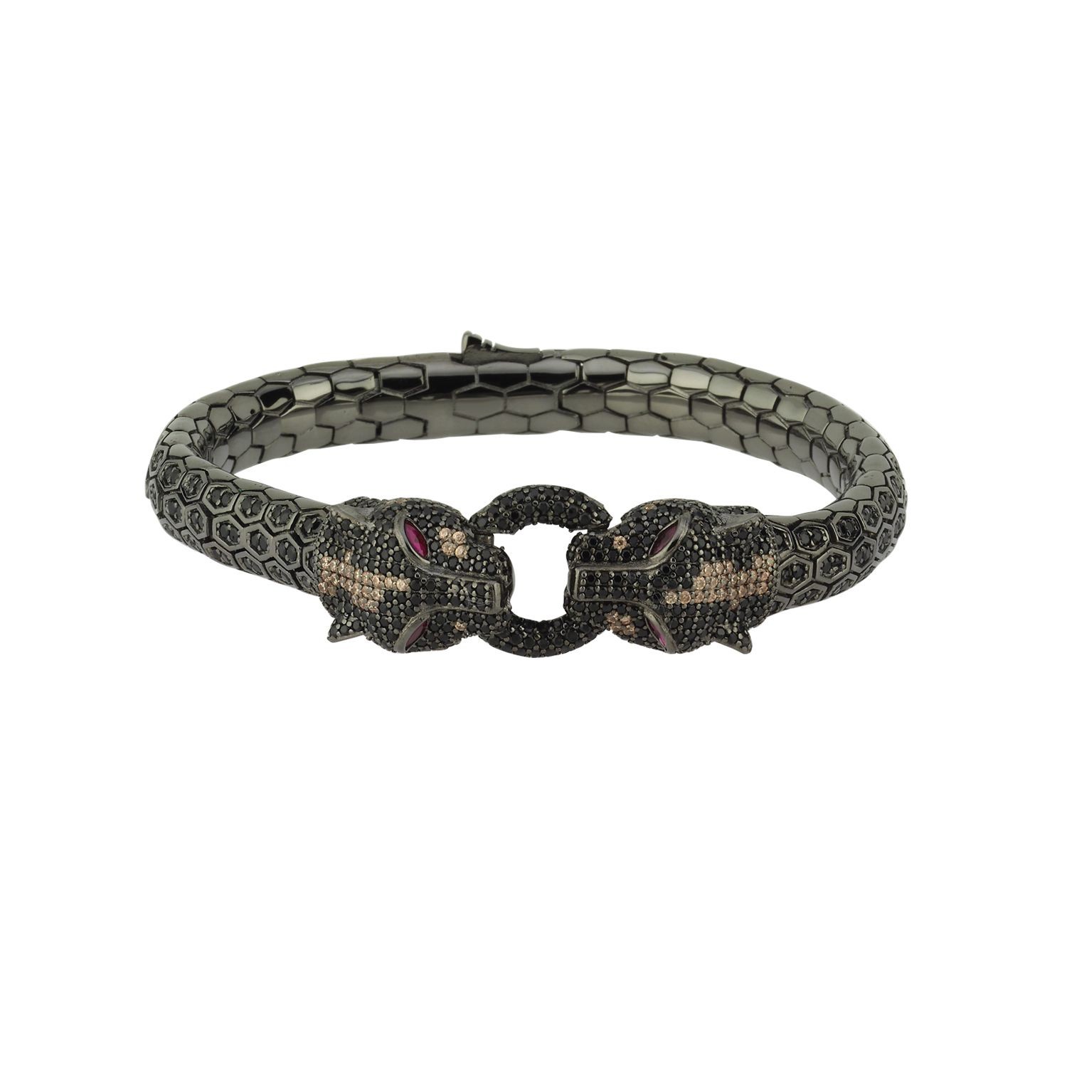 Panther Head Silver Bracelet with Black Zircon Diamonds 