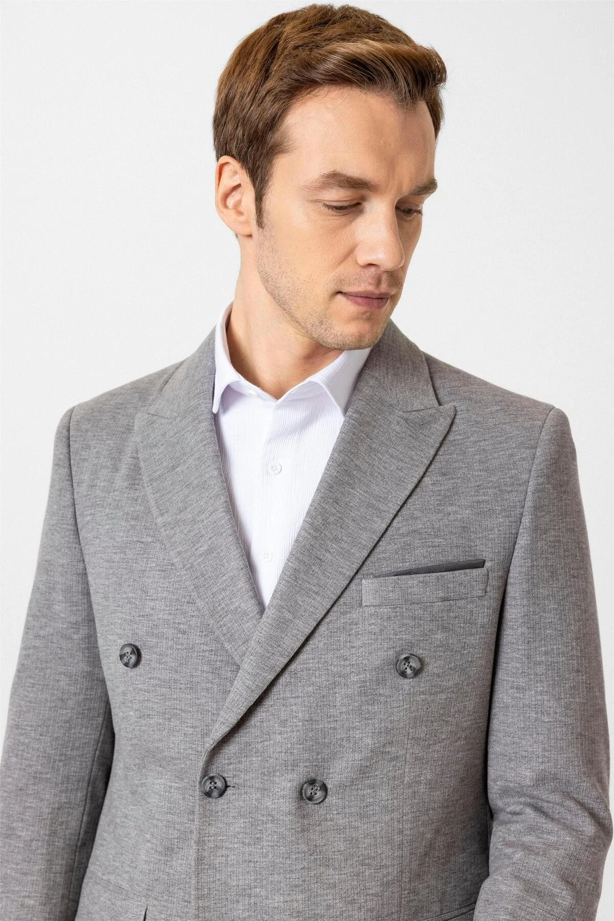 Gri Slim Fit Desenli Kruvaze Yaka 6 Drop Spor Takım Elbise