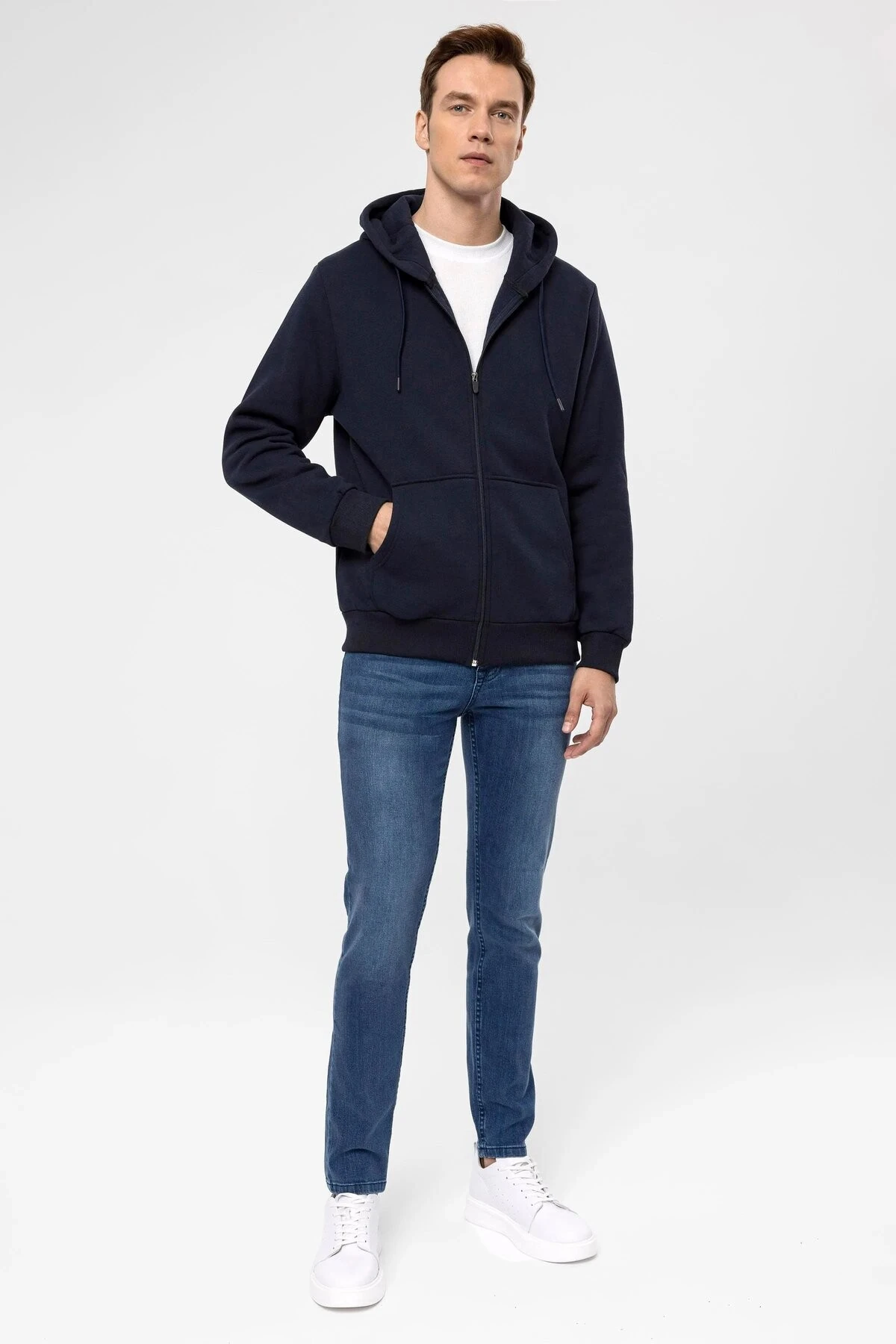 Süvari Kapüşonlu Fermuarlı Yaka Regular Kalıp Düz Lacivert Sweatshirt