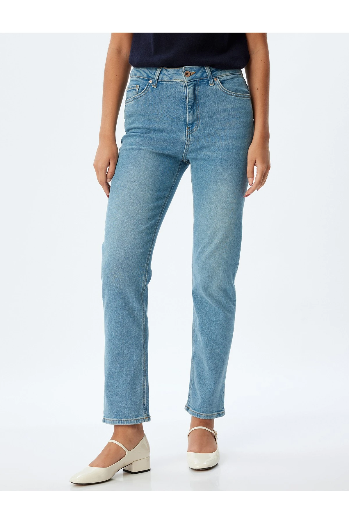 Slim Fit Kot Pantolon Düz Paça Normal Bel Düğmeli Cepli Pamuklu - Slim Straight Fit Jeans