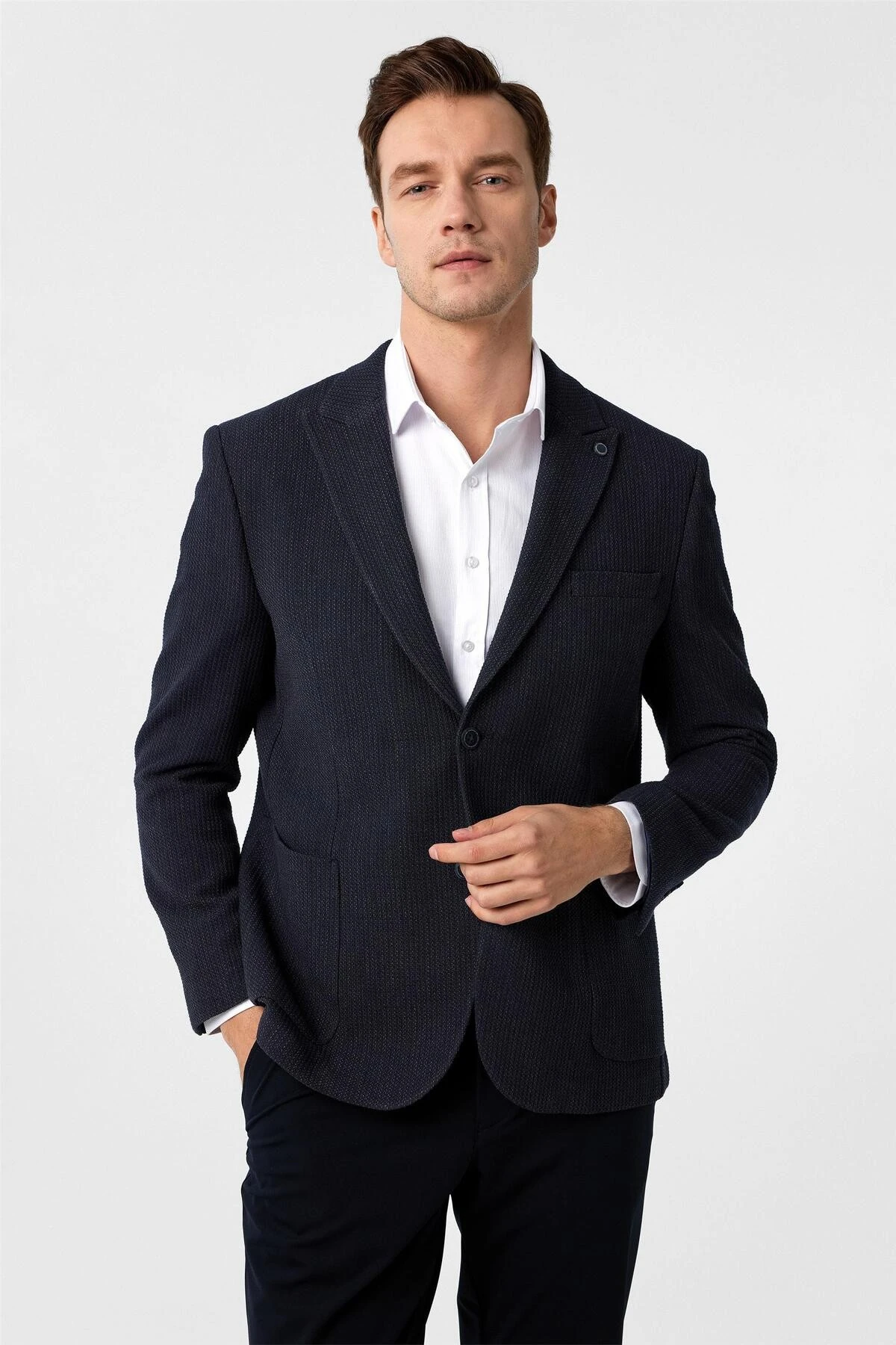 Lacivert Regular Fit Desenli 4 Drop Ceket