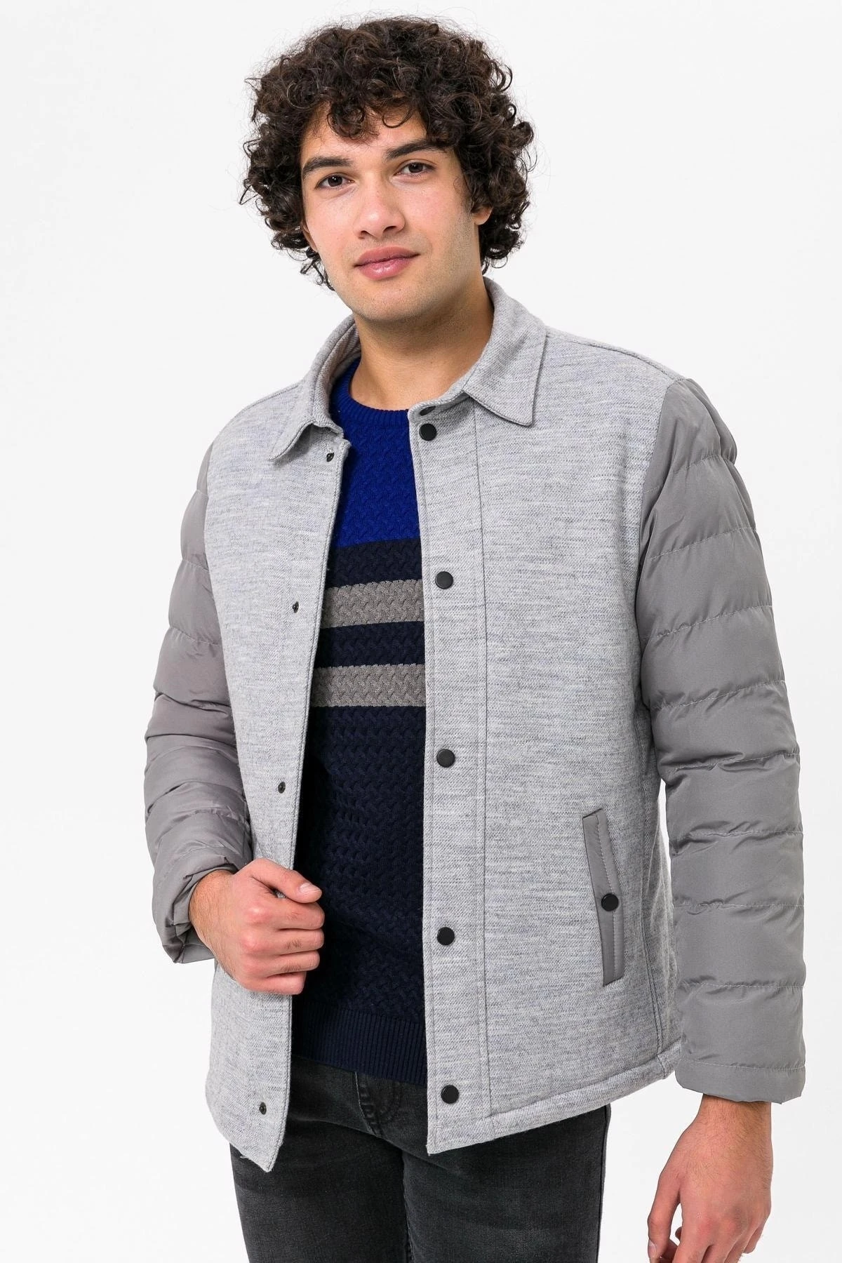 Yünlü Kapitone Gri Erkek Mont