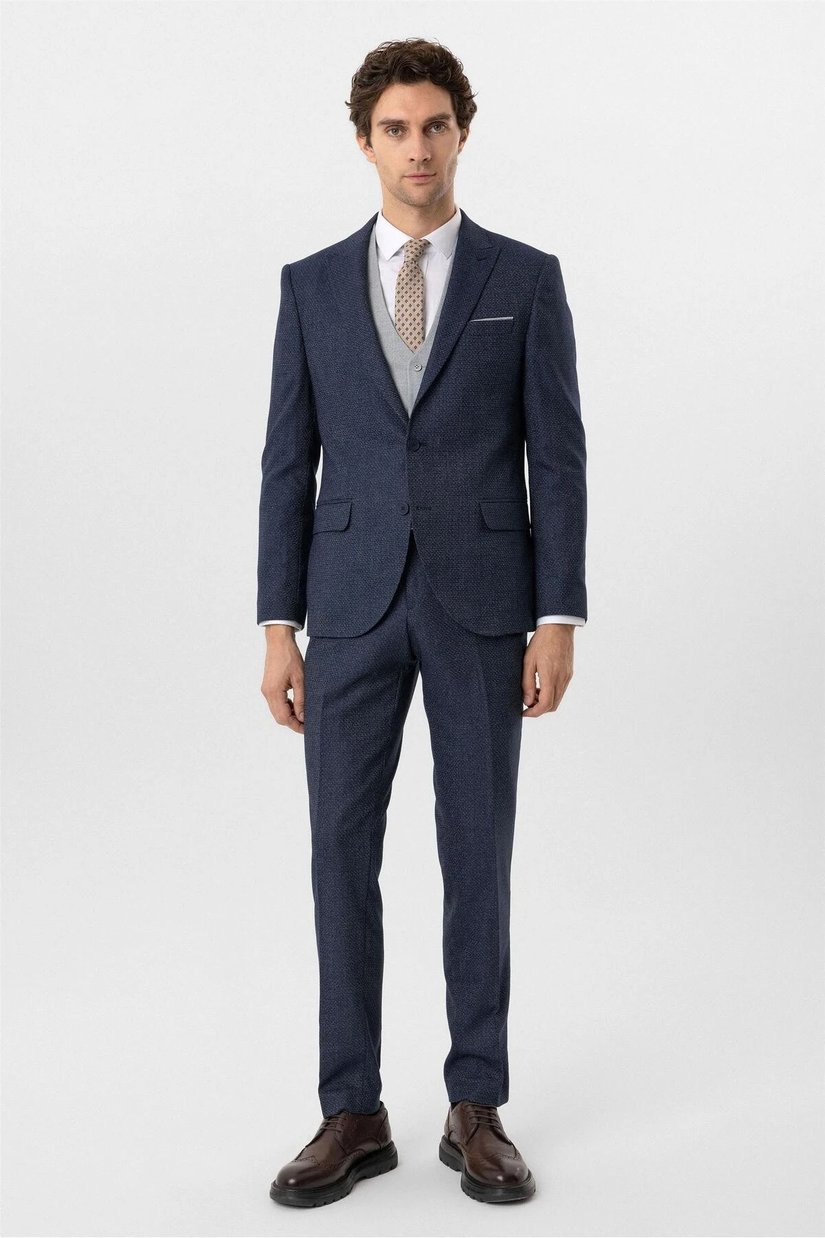 Lacivert Slim Fit Desenli Sivri Yaka 6 Drop Yelekli Klasik Takım Elbise