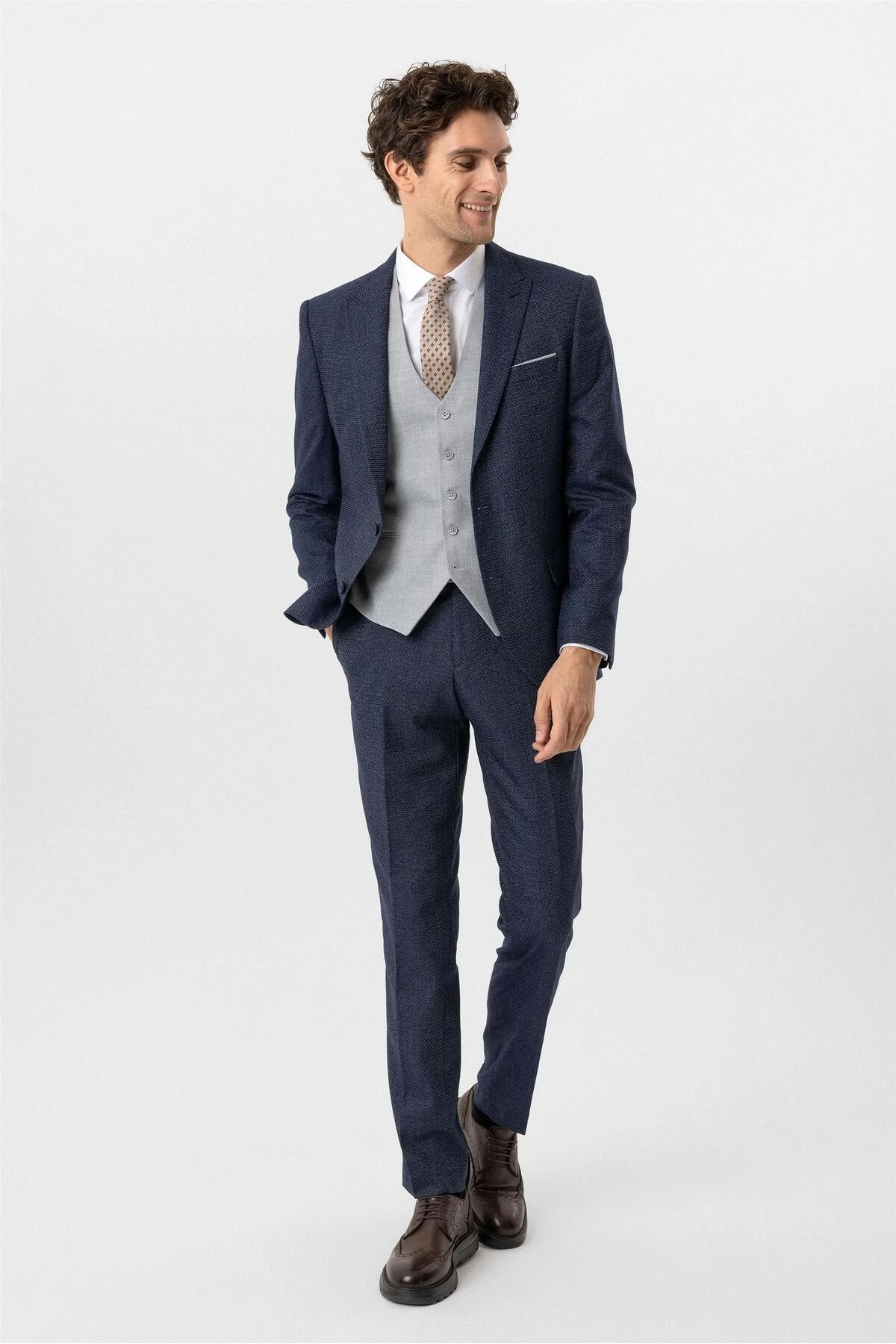 Lacivert Slim Fit Desenli Sivri Yaka 6 Drop Yelekli Klasik Takım Elbise