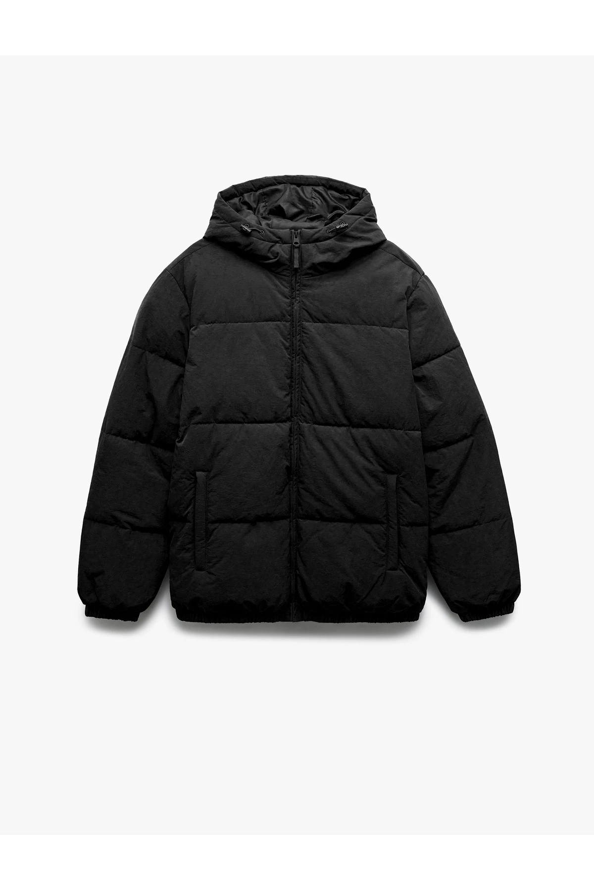 Uzun Kollu Cep Detaylı Fermuarlı Kapşonlu Kışlık Şişme Mont