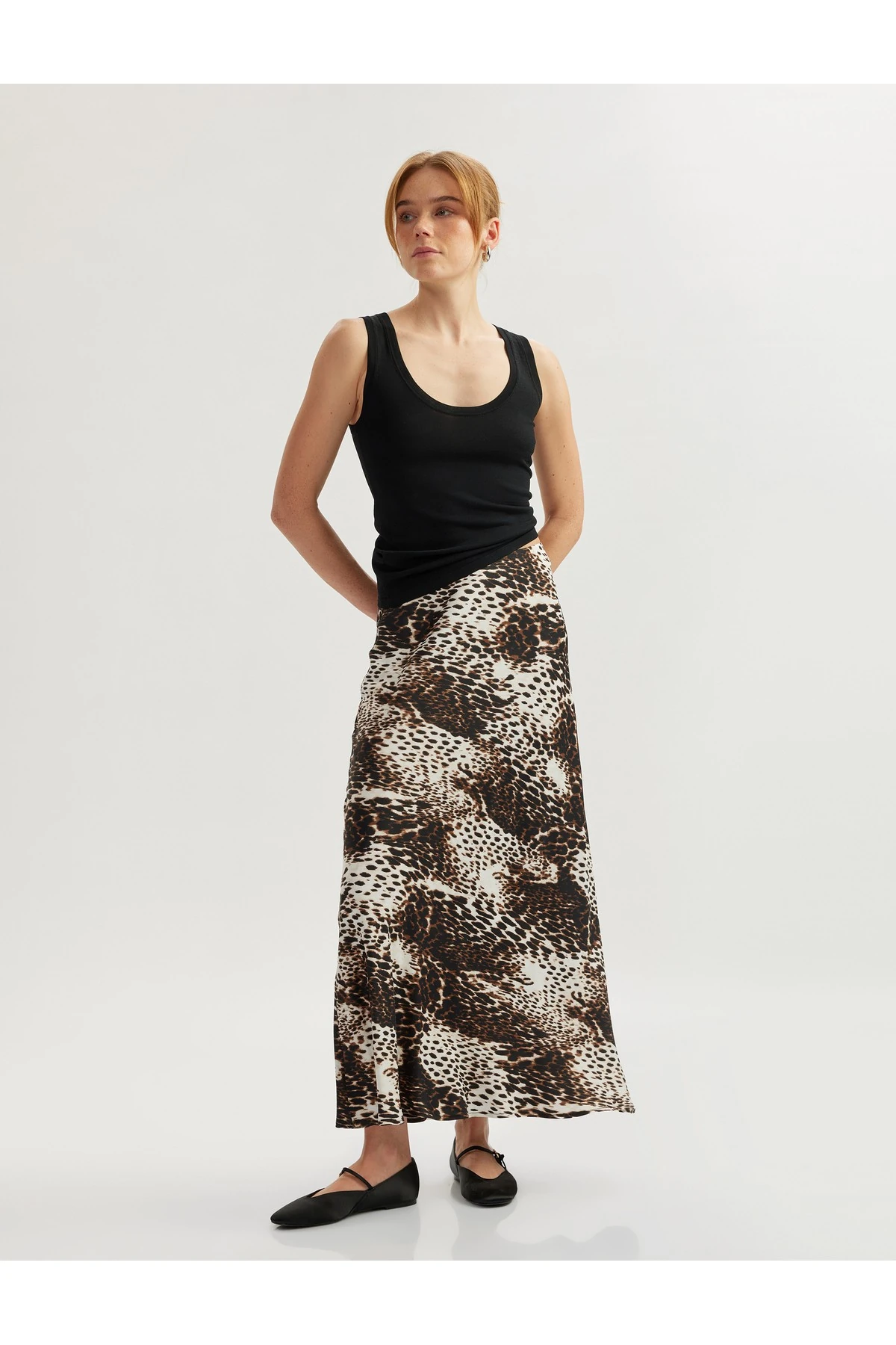 Standart Bel Leopar Desenli Uzun Kloş Saten Etek