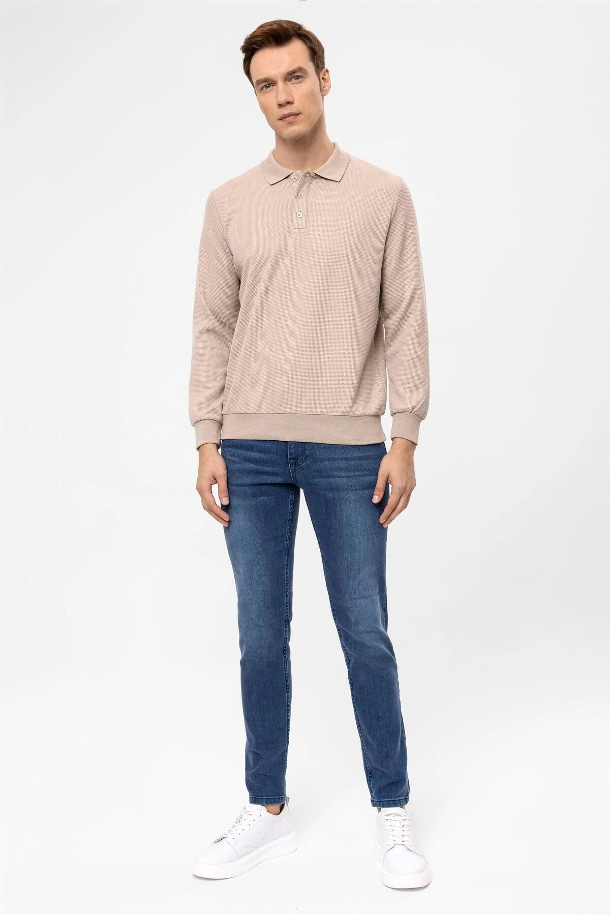 Bej Regular Armürlü Polo Yaka Sweatshirt