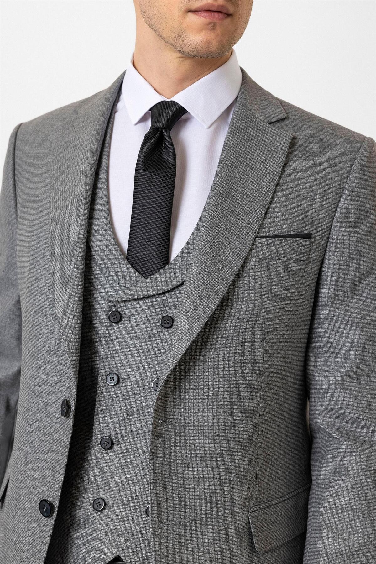 Antrasit Slim Fit Desenli Mono Yaka 6 Drop Yelekli Klasik Takım Elbise