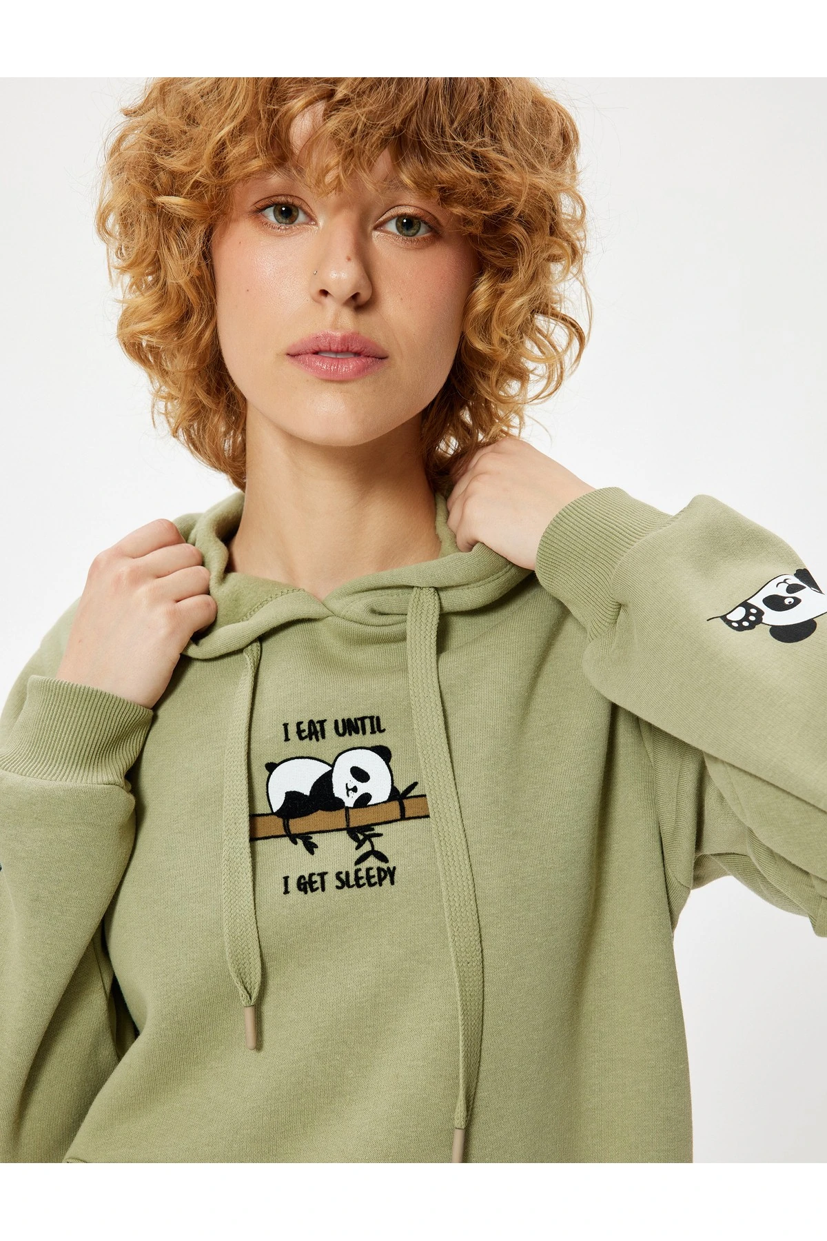 Şardonlu Oversize Kapüşonlu Sweatshirt Panda İşlemeli Kanguru Cepli