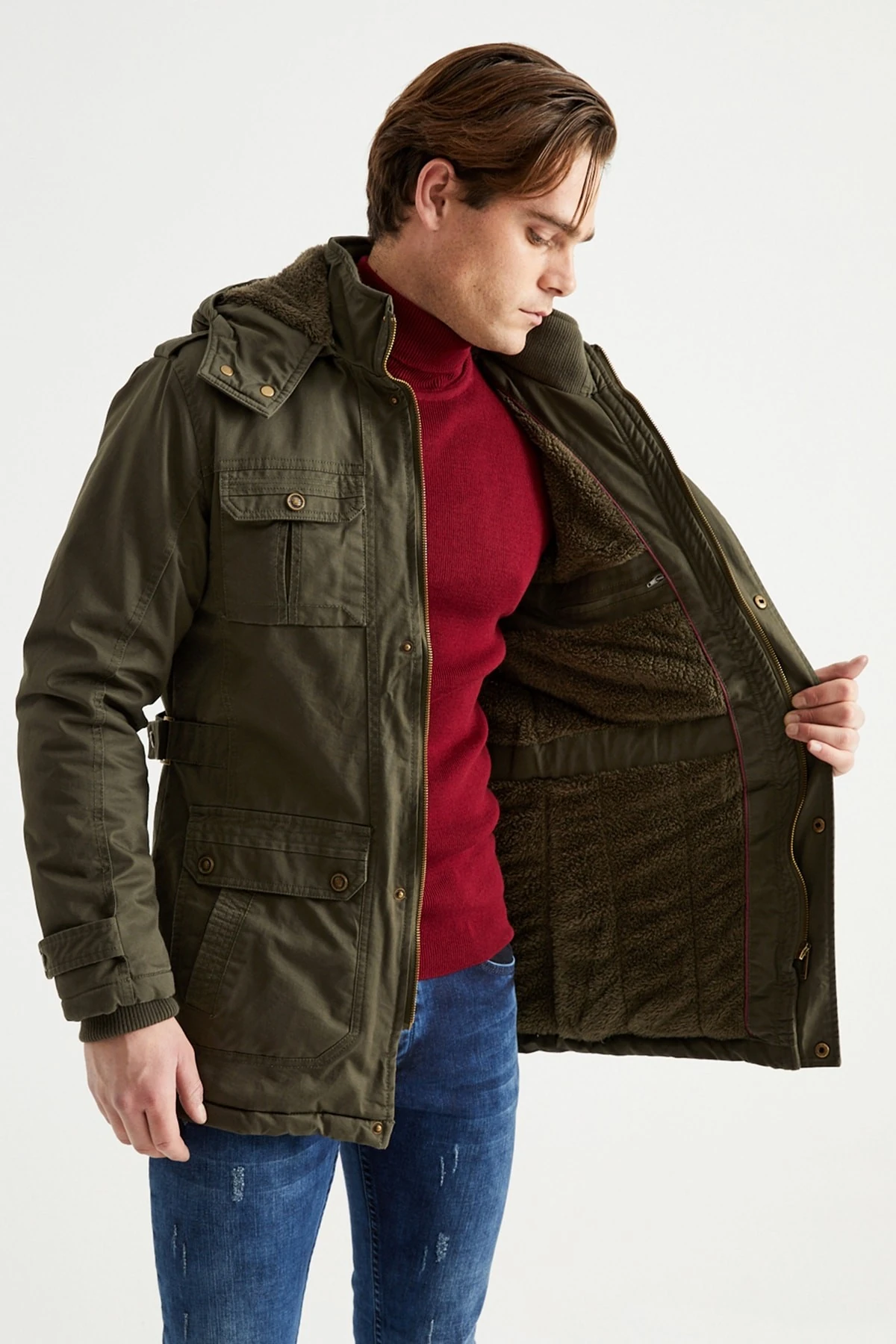 Erkek Askeri Yeşil Büyük Beden Kapüşonlu Kürk Astarlı Su Geçirmez Kalın Kaban