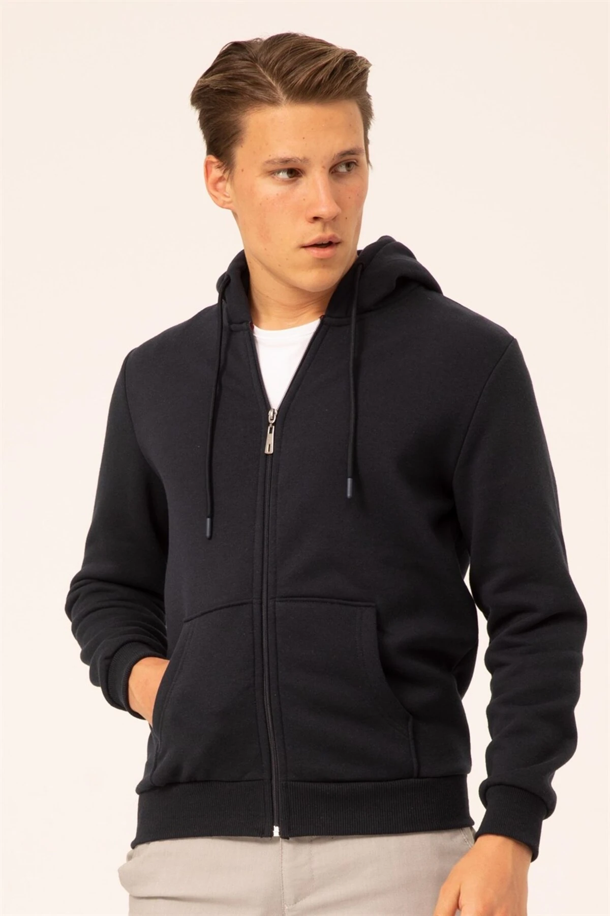 Süvari 3 Iplik Kapşonlu Fermuarlı Siyah Sweatshirt