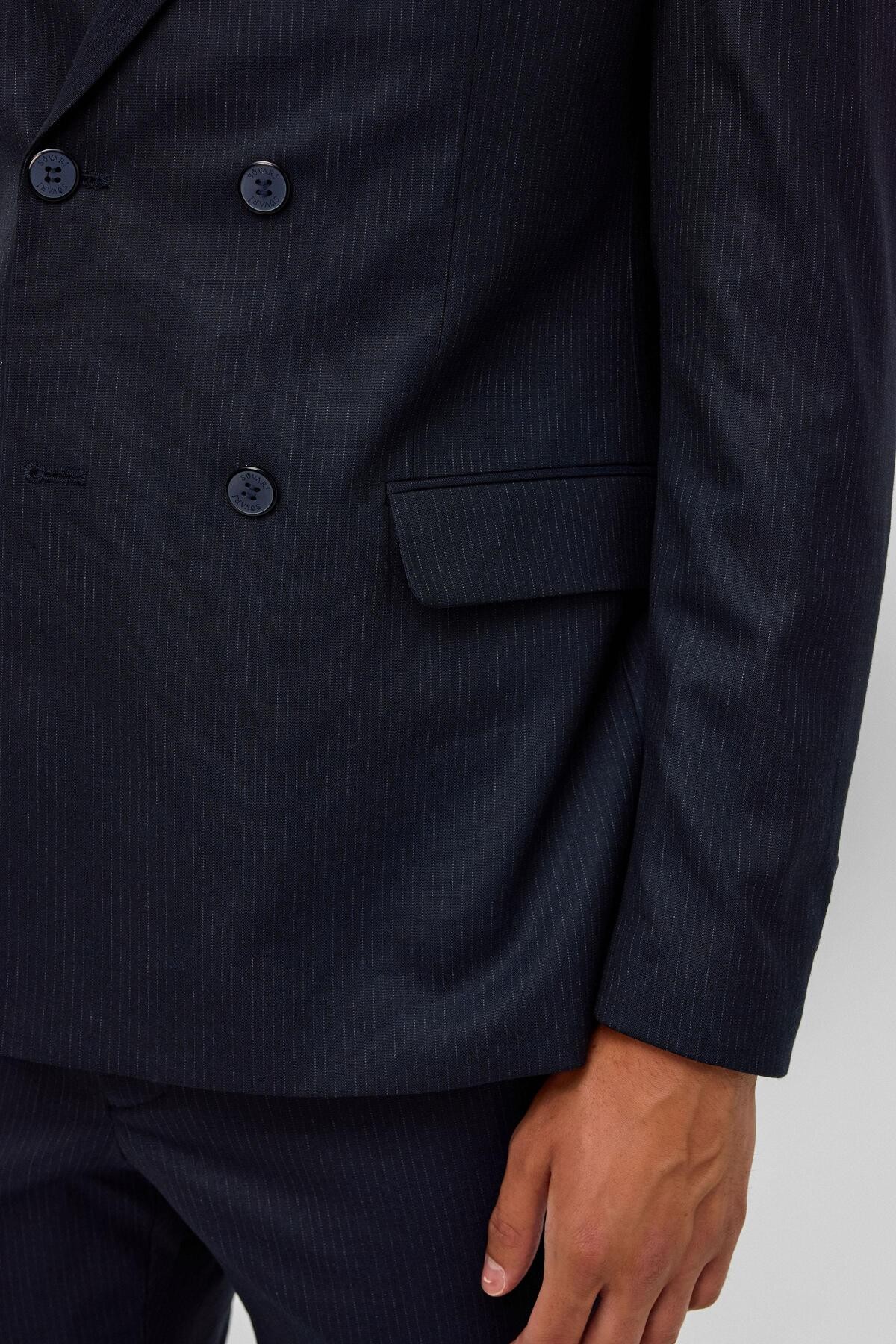 Lacivert Slim Fit Desenli Sivri Yaka 6 Drop Klasik Takım Elbise