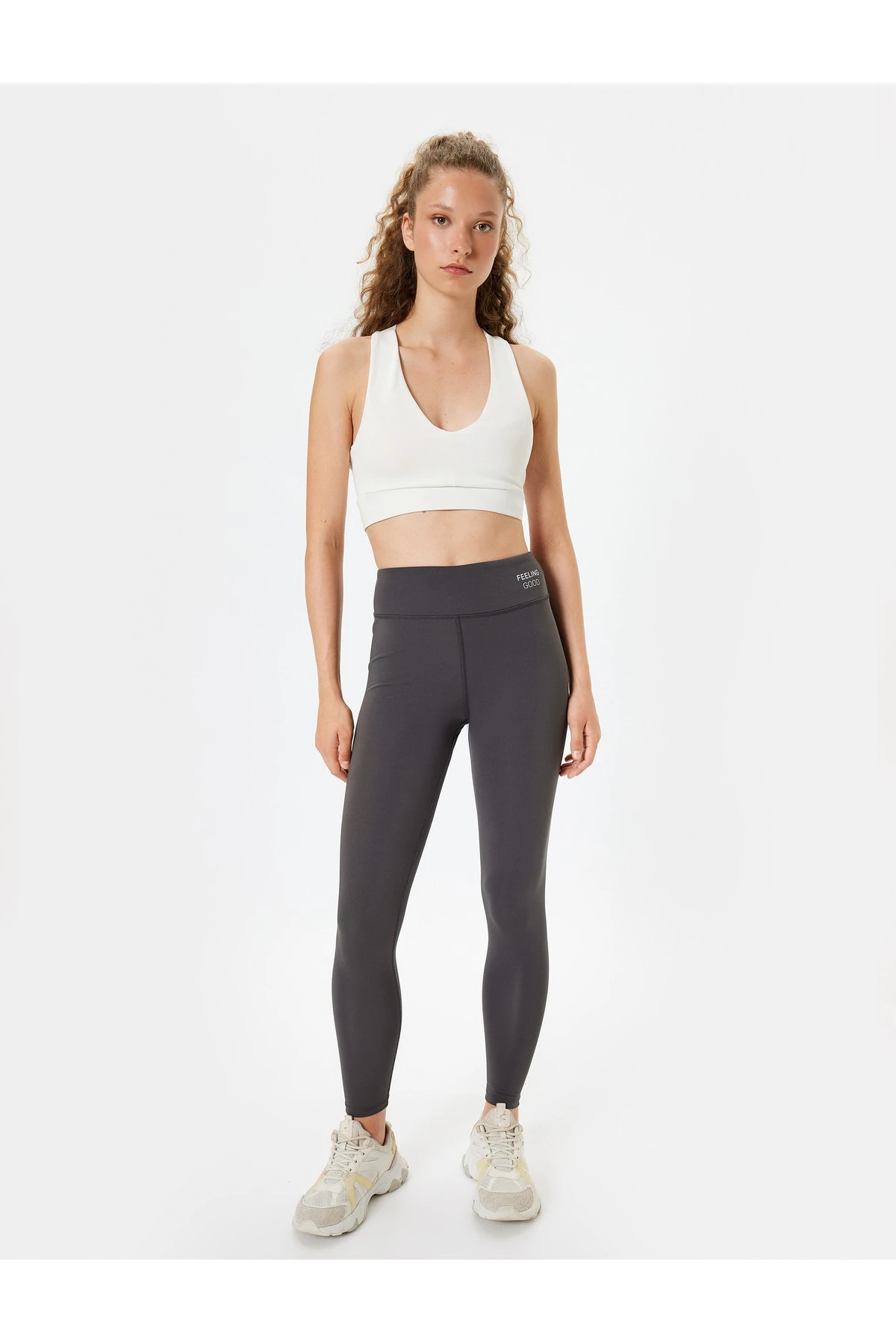 Spor Tayt Yüksek Bel Slogan Baskılı Skinny Fit İnterlok