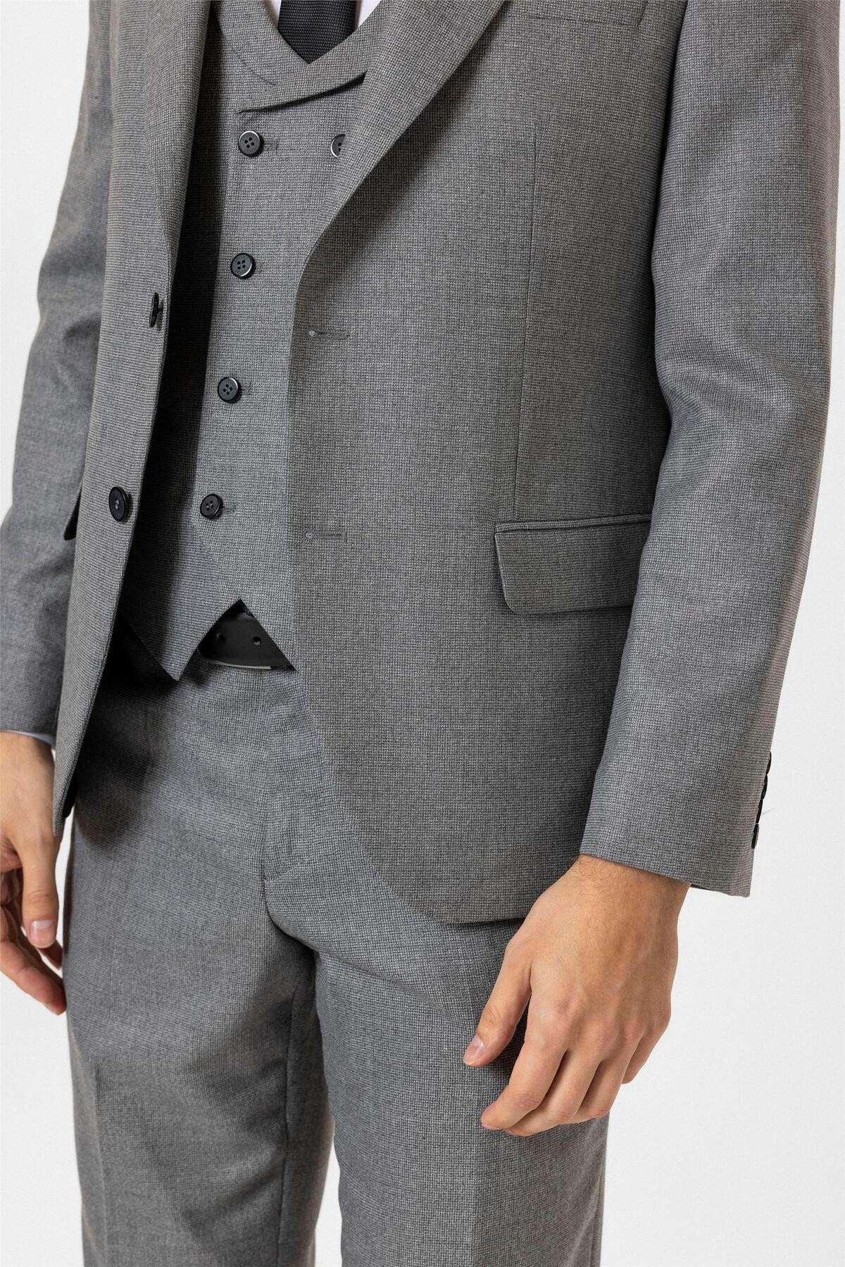 Antrasit Slim Fit Desenli Mono Yaka 6 Drop Yelekli Klasik Takım Elbise