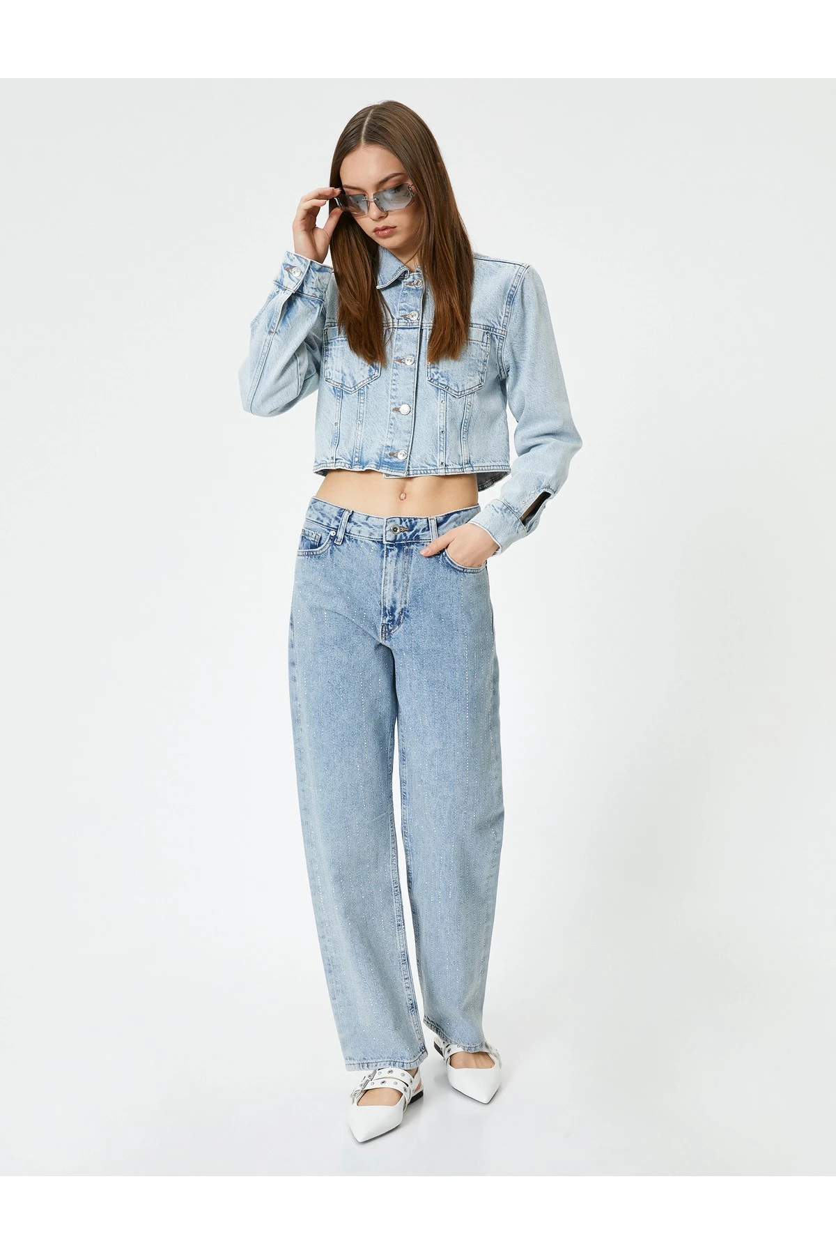 Taşlı Kot Pantolon Düz Paça Cepli - Eve Straight Jeans