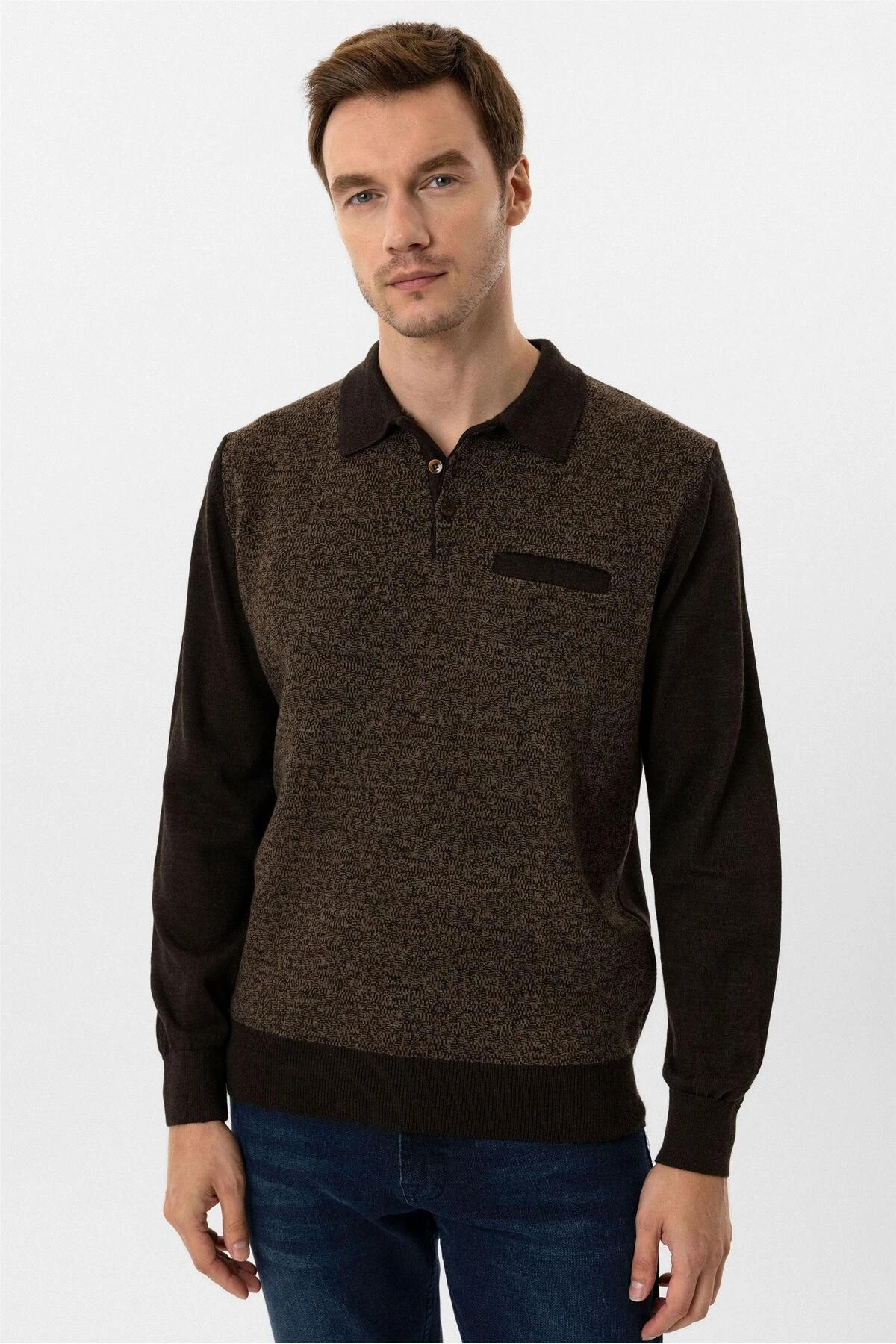 Koyu Kahve Regular Armürlü Polo Yaka Triko