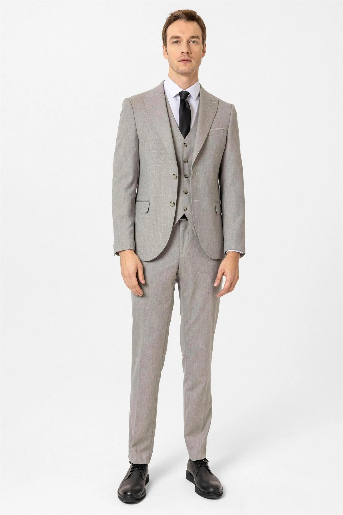 Ekru Slim Fit Desenli Sivri Yaka 6 Drop Yelekli Klasik Takım Elbise