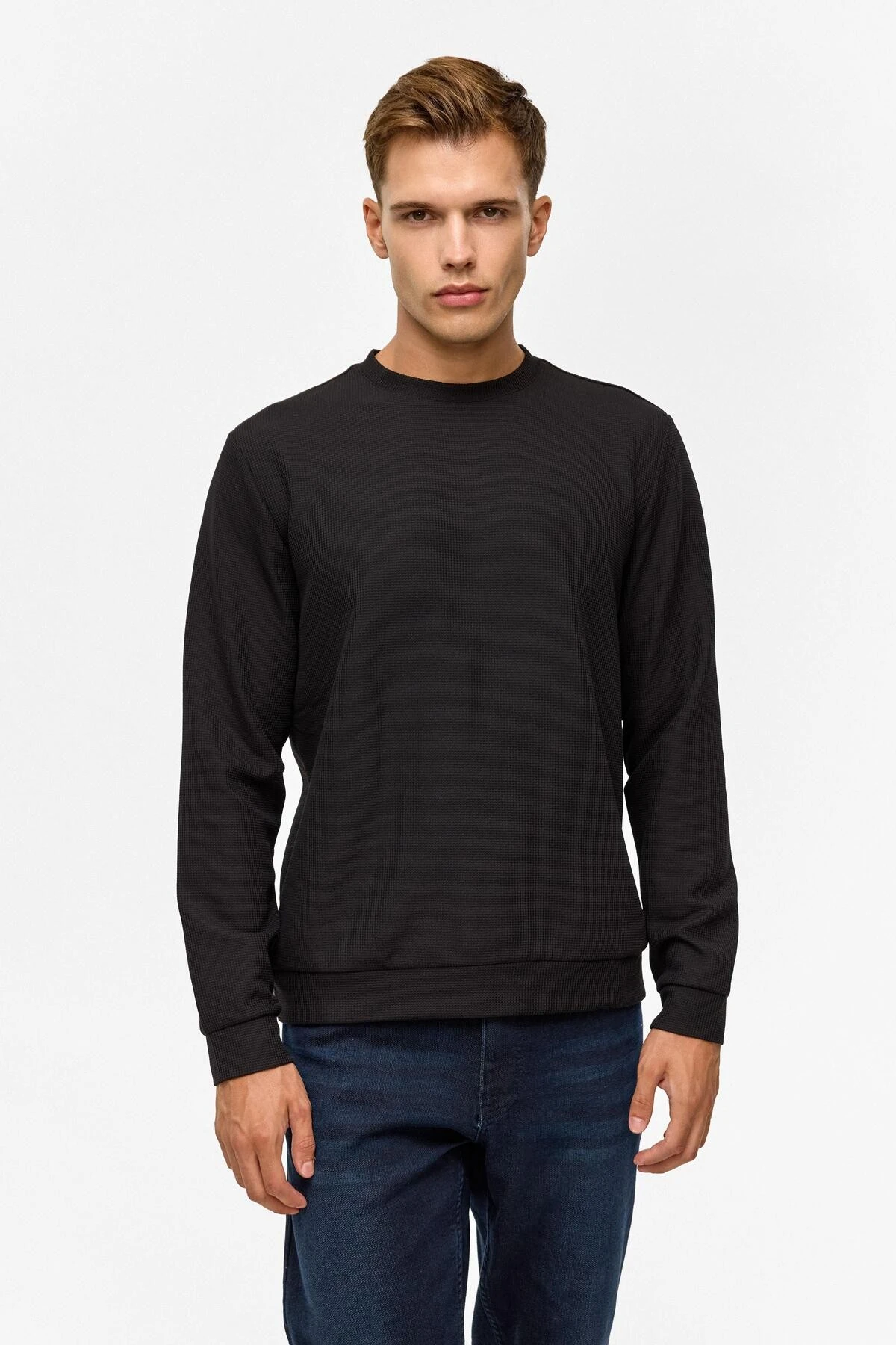 Lacivert Regular Düz Bisiklet Yaka Sweatshirt