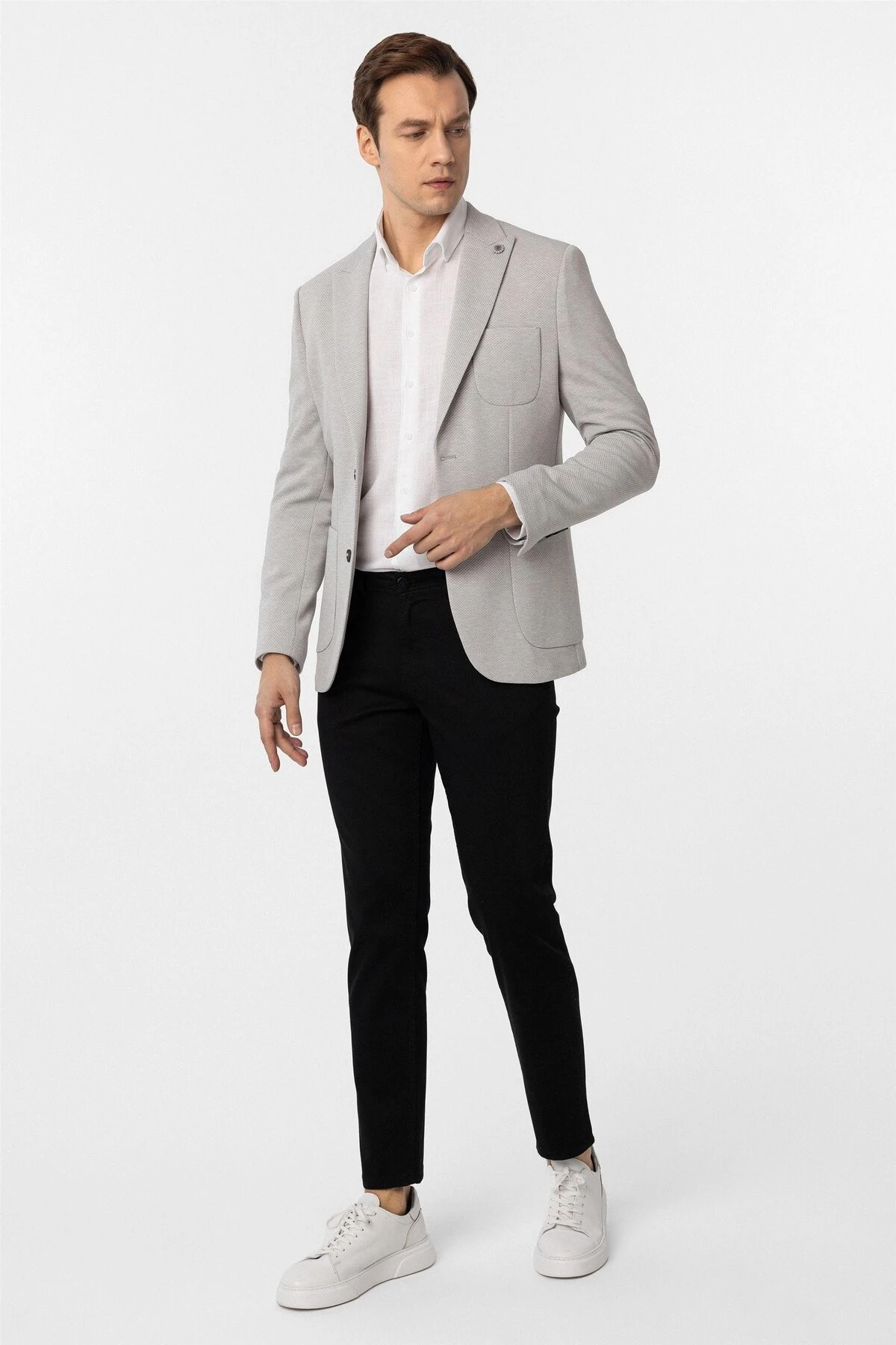 Gri Slim Fit Armürlü Sivri Yaka 6 Drop Ceket